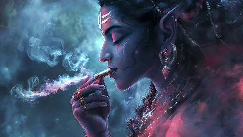 Mystic blue goddess exhaling jeweled smoke in profile view.