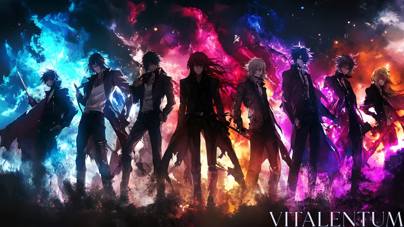 Elemental anime squad in long coats amid chromatic energy