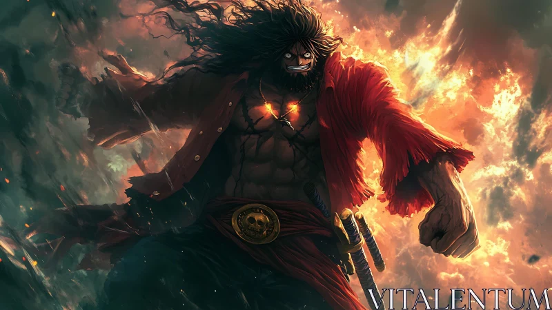 Storm-lit pirate warrior charging through roaring fire.