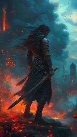 Armored swordsman on burning battlefield with distant towers.
