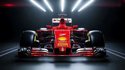 Front-lit red F1 race car in dramatic studio environment.