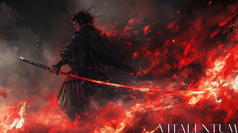 Lone firelit samurai walking through a storm of embers.