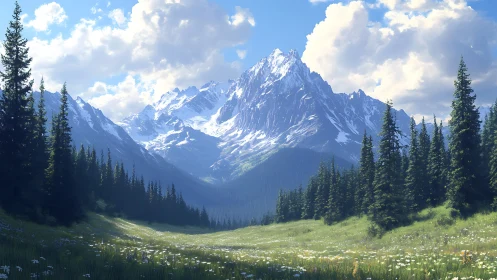 Summer meadow quietly crowns the distant glacier peaks