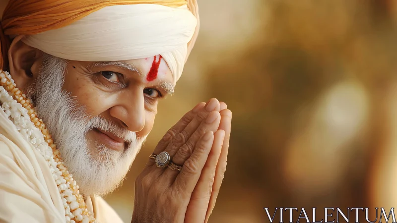 High-detail portrait shows elderly guru in namaste gesture