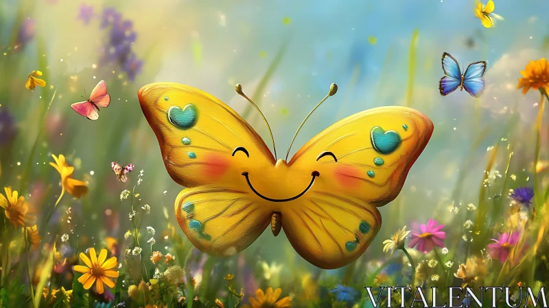 Smiling yellow butterfly drifts joyfully through a wildflower meadow.
