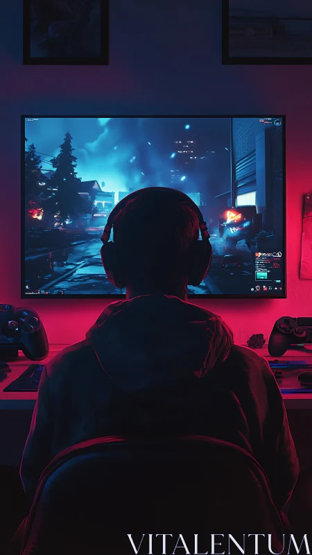 Late night gamer enjoys a neon lit immersive adventure