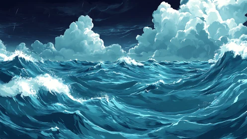 Rolling midnight waves under towering stormlit clouds.