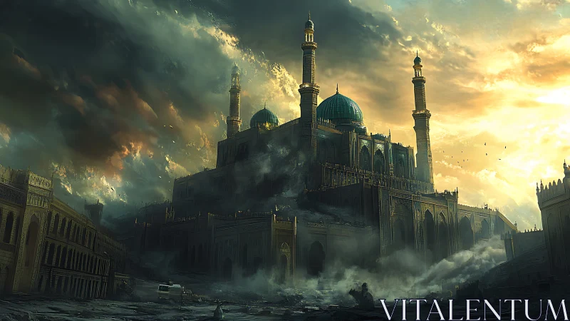 Stormlit sky over a mystical hilltop citadel mosque.