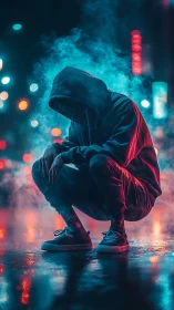 Hooded figure crouches in neon mist on a rainy city street.