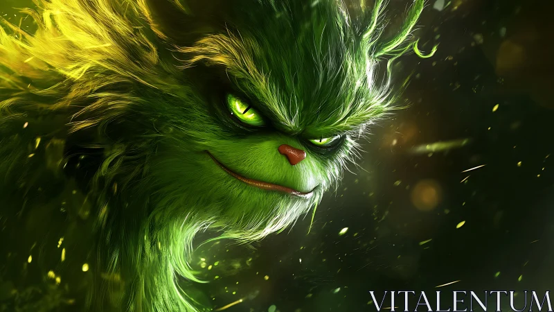 Cinematic digital painting of a luminous green creature portrait.
