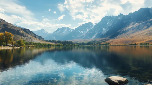 High-altitude alpine lake with mirrored mountain ridge reflections