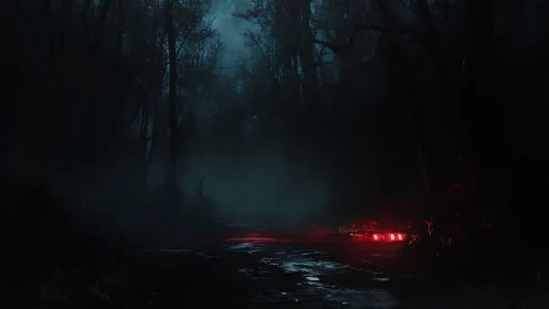 Red taillights glow on dark foggy road through dense forest.