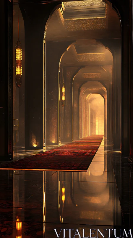Golden vaulted corridor extends into atmospheric vanishing light