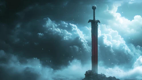 Stormlit legendary sword resting between clouds and mist.