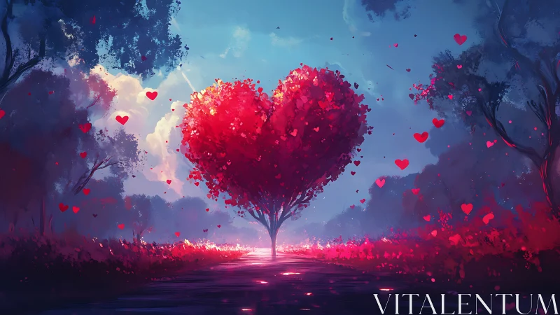 Heart-Shaped Tree with Floating Hearts in Luminous Forest.