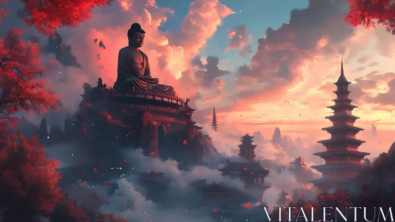 Mountain Buddha temple city under fiery sunset sky.
