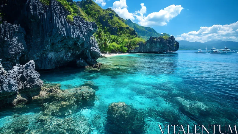 Limestone Cliffs Meet Turquoise Waters in Tropical Island Cove.