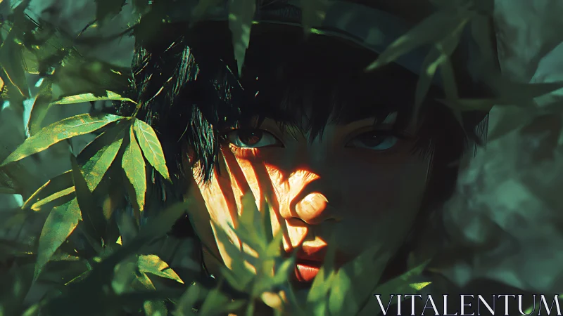 Shadowed gaze within sunlit foliage.