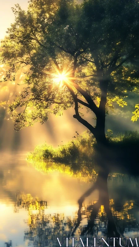 Gentle sunrise through a riverside tree in golden mist.