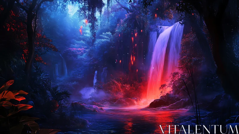 Bioluminescent rainforest cascade in neon magenta and cyan.