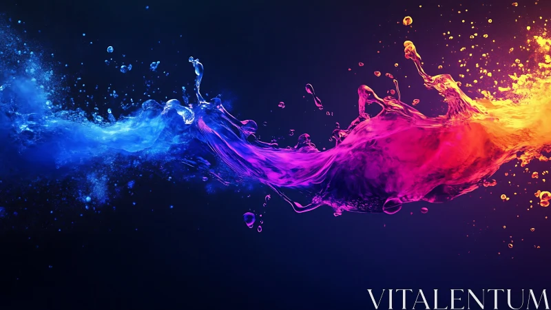 Chromatic liquid collision with neon blue, magenta, orange streams.