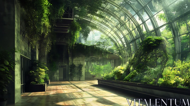 Abandoned Greenhouse Overgrown with Verdant Vegetation and Natural Light