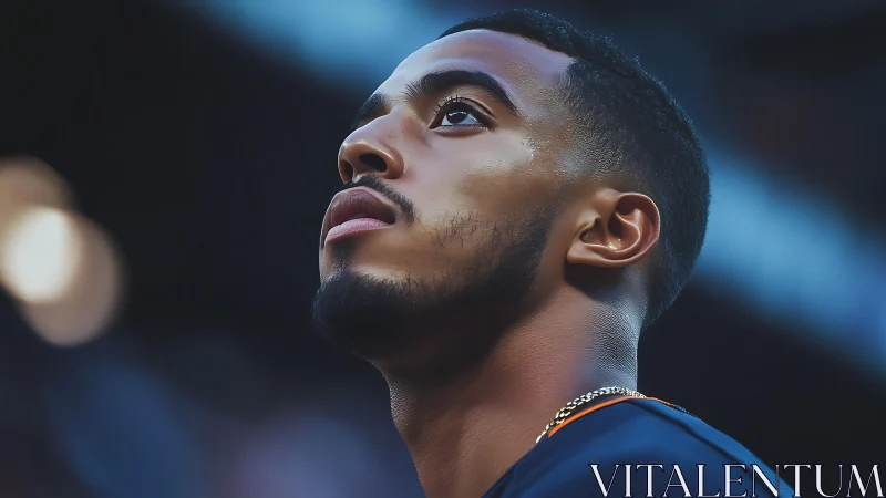 Focused young athlete gazes upward under stadium lights