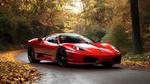 Red sports car gliding through a golden autumn forest road.