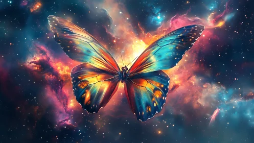 Digital butterfly rendered against colorful nebula field.