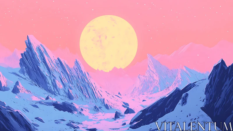 Neon-lit alien ice valley under oversized pale yellow star