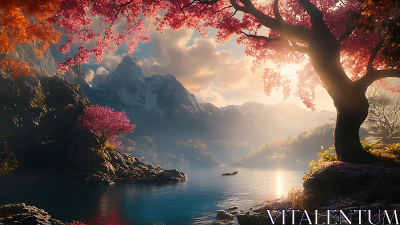Sunlit alpine lake with pink blossom trees and distant rowboat