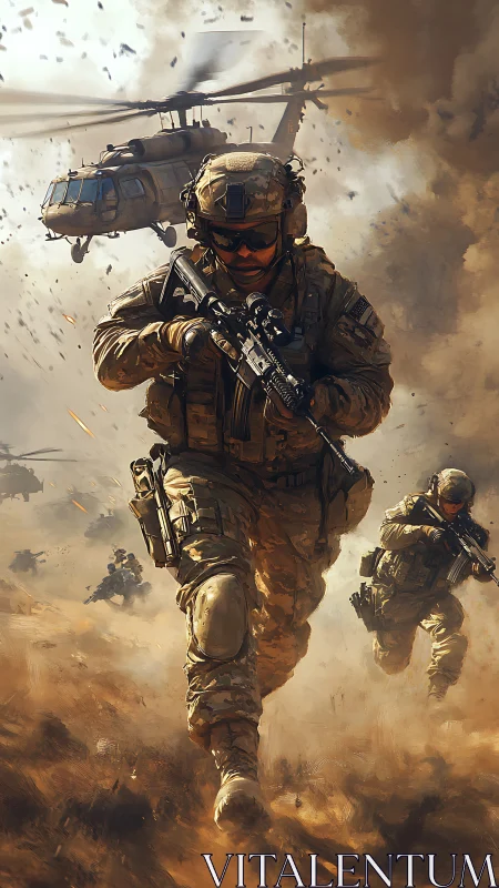 Dust and rotors: soldiers racing through the storm of war.