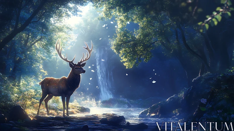 Majestic stag in sunlit enchanted forest by waterfall, digital art.