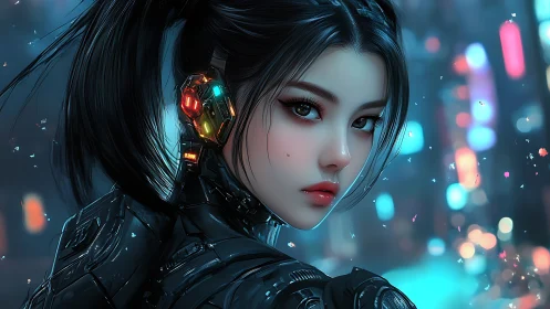 Cybernetic woman in neon cityscape turns with focused gaze