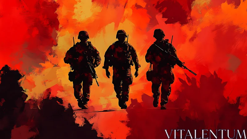 Silhouetted soldiers advancing through abstract red inferno.