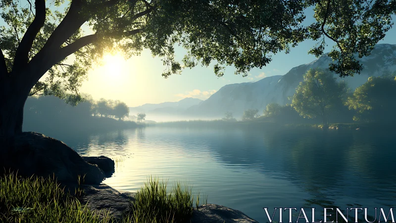 Sunlit lacustrine valley with volumetric mist and foliage glow.