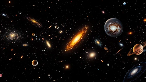 Multi-galaxy starfield with varied planets and nebulae.