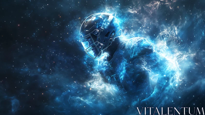 Human figure in helmet emerges from luminous blue nebula field