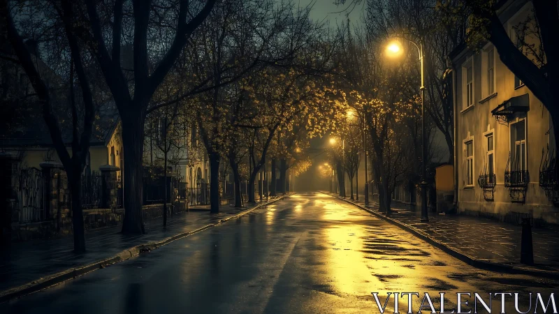 Empty wet city street glows under moody golden lamplight