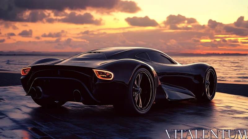 Aerodynamic black hypercar rendered against reflective ocean sunset