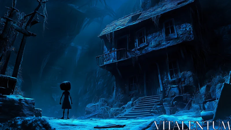 Moonlit child before crooked ghost house in blue gloom.