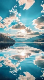 Hyperreal alpine lake mirror captures bilateral cloud symmetry