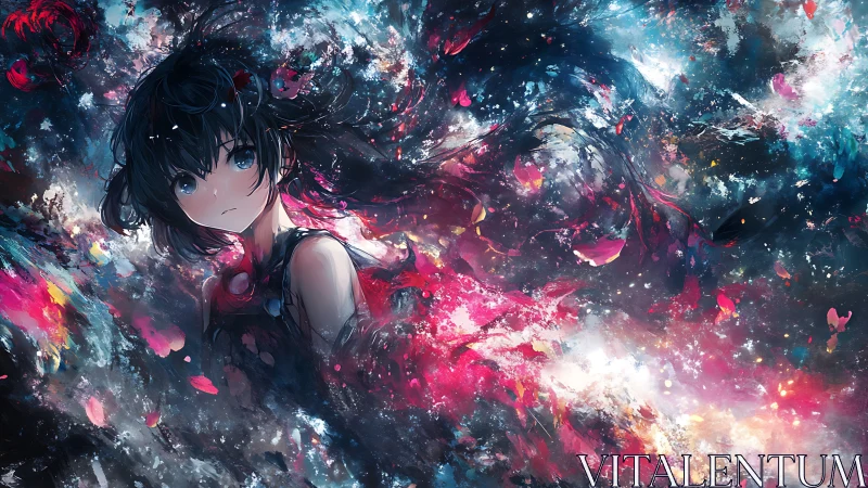 Celestial portrait merges anime figure with abstract nebula currents