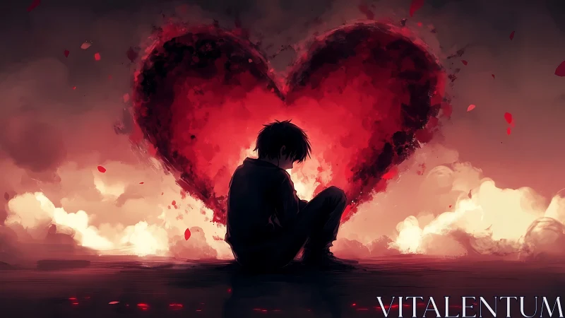 Backlit silhouette boy before fragmented red heart clouds