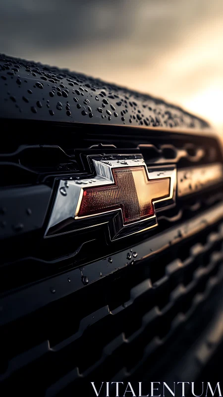 Chevrolet front grille close-up with water droplets at dusk.
