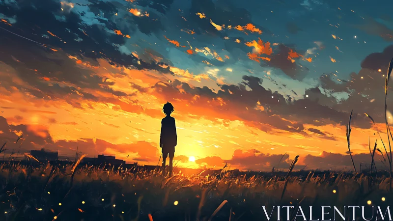 Silhouetted figure stands in grassland against low sunset sky