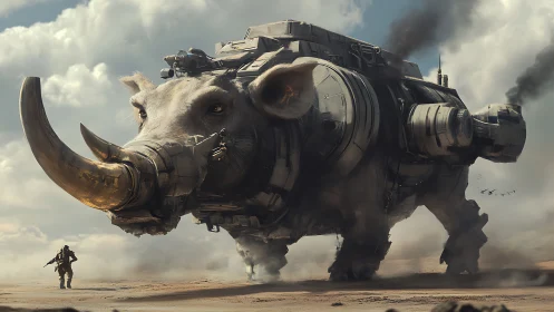 Colossal mechanized war-elephant carrier advances across desert