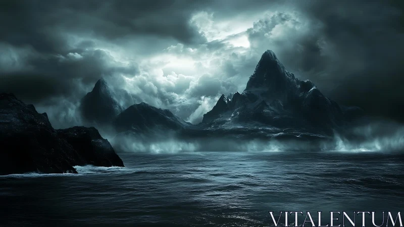 Mountainous coastline with storm clouds and turbulent sea.