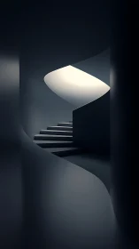 Minimalist spiral stairway curves toward overhead light source