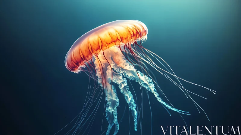 Solitary jellyfish with translucent tentacles in open water.